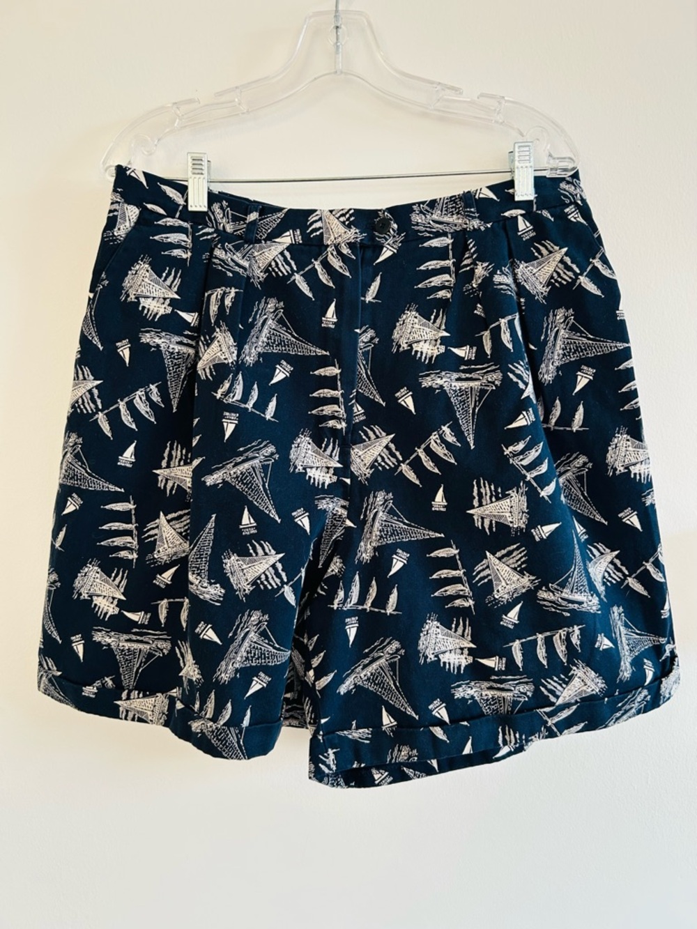 Lauren Navy Blue Sailboat Print High Waisted Shorts